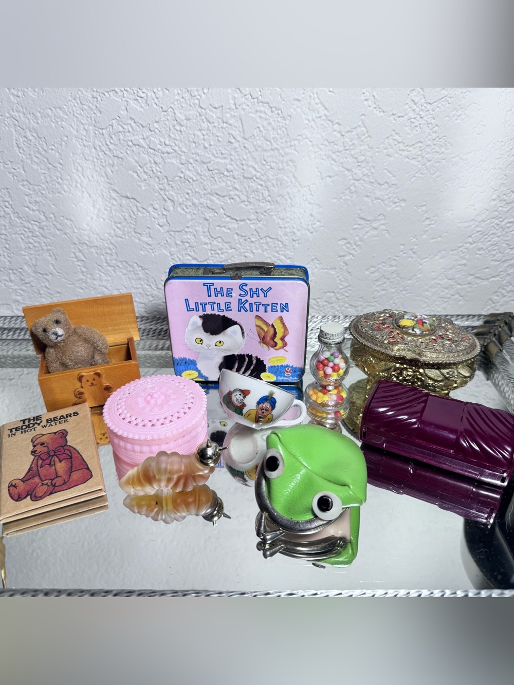Vintage miniatures Junk Drawer Lot, mini bear book, mini fuzzy teddy bear,